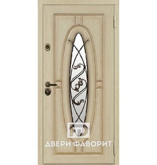 стальная дверь с овальным стеклом и ковкой, отделка бежевый мдф